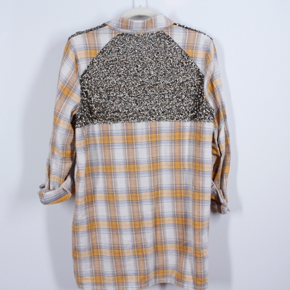 Free People Yellow Plaid Sequin Button Up Shirt - Picture 8 of 8